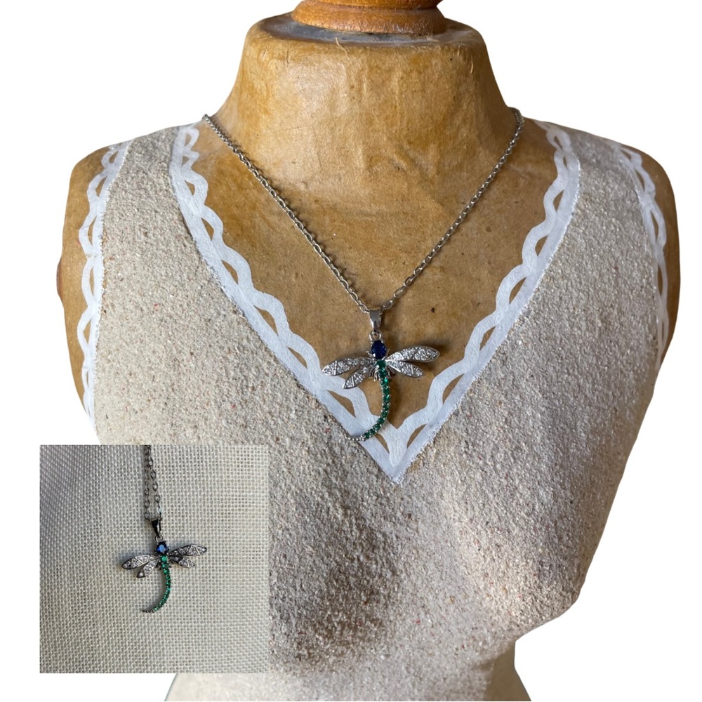 Silver and Green Dragonfly Necklace and Chain Girly Edgy